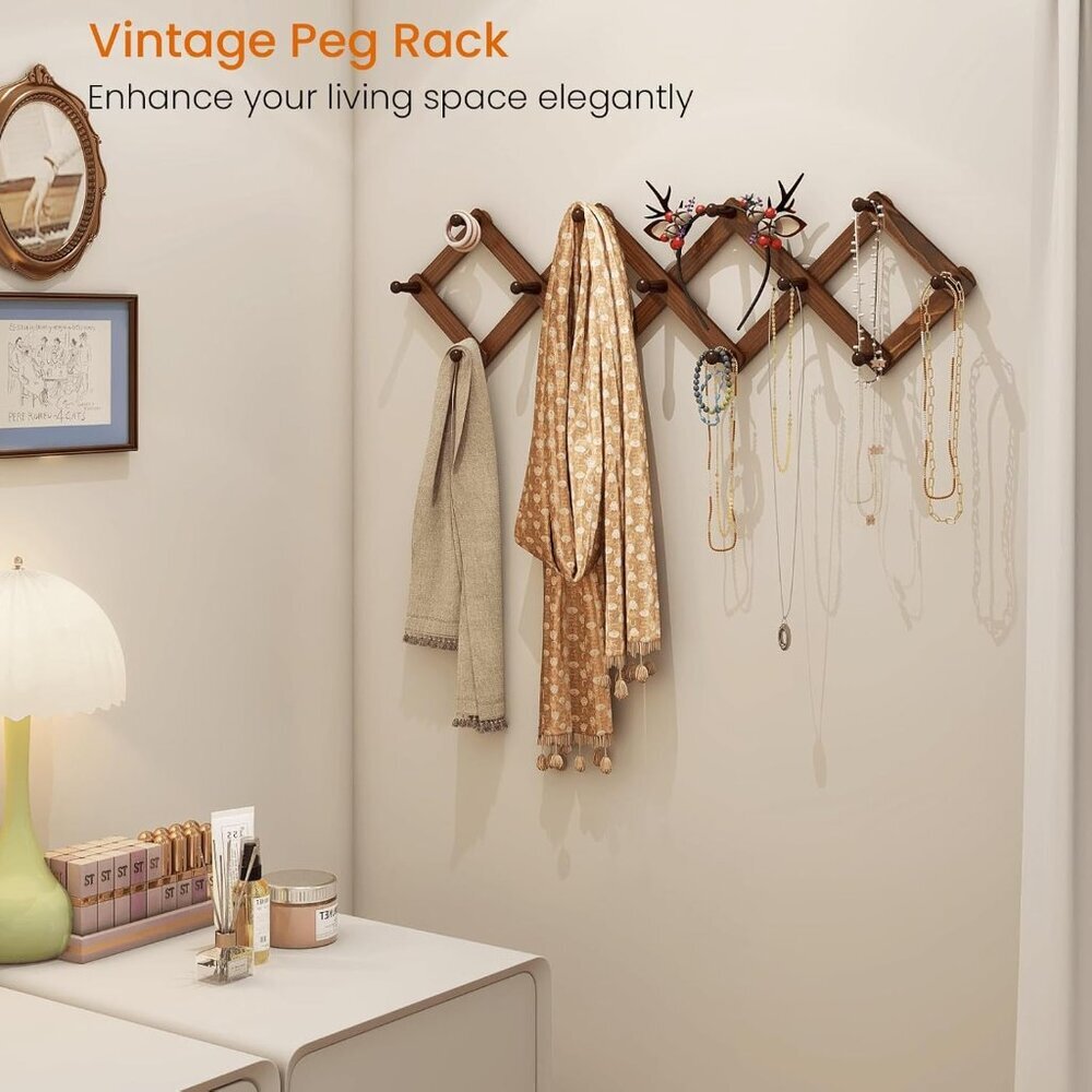 Vintage Wood Expandable Peg Rack- Multi-Purpose Accordion Wall Hangers with 13 H - Picture 7 of 9